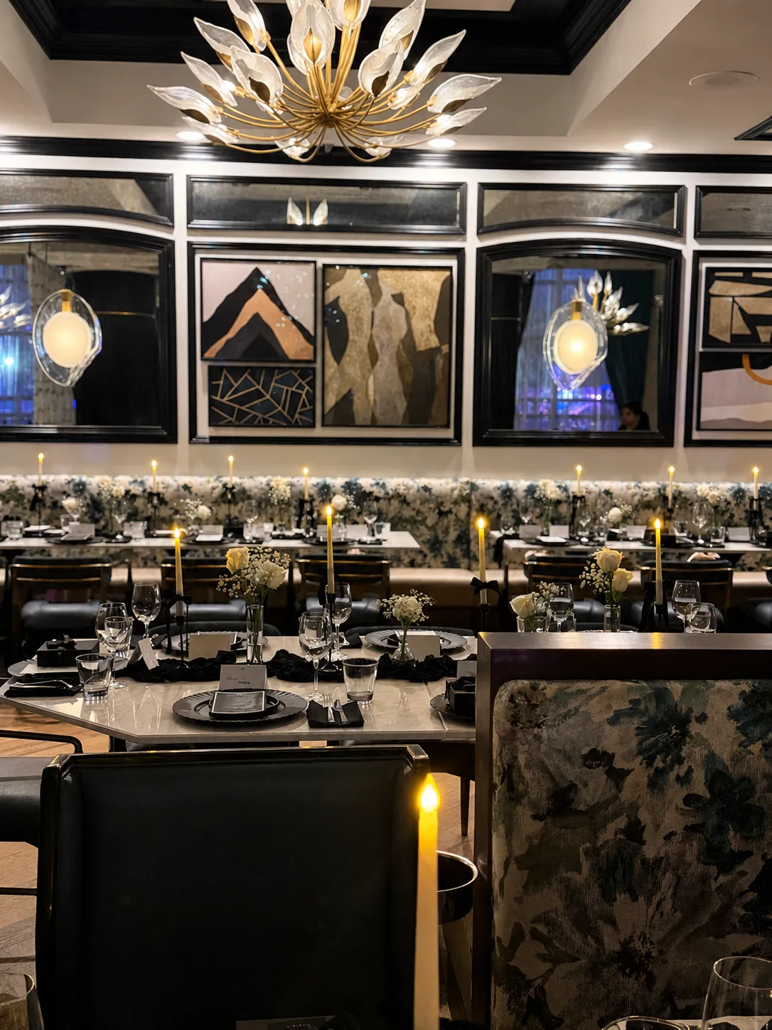 Black and gold private dining room styled for an evening event